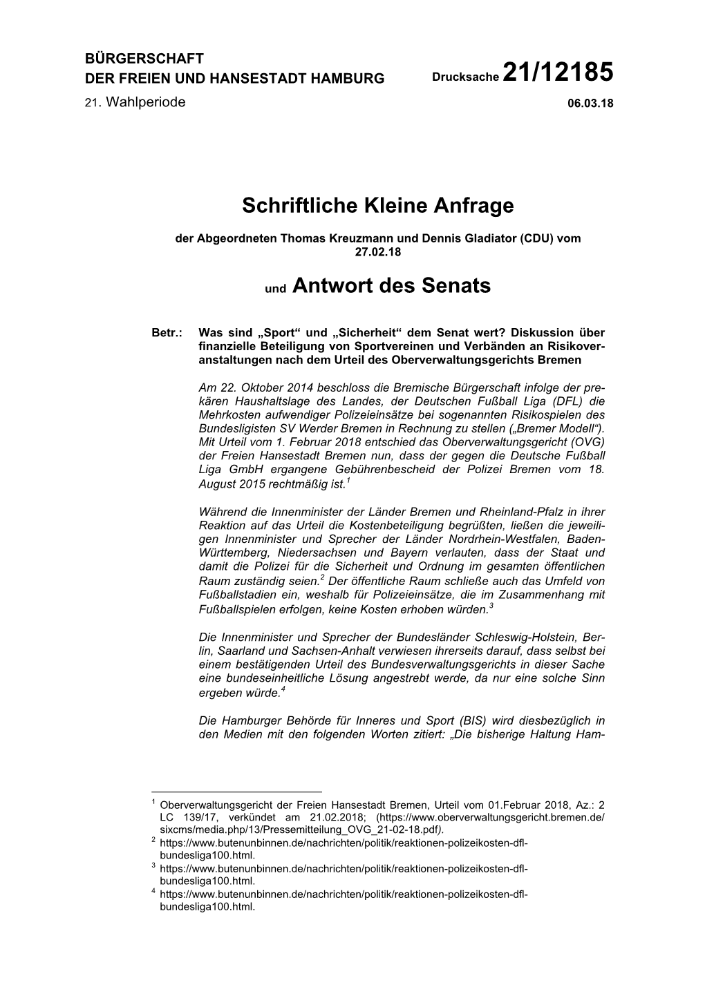 Schriftliche Kleine Anfrage Und Antwort Des Senats