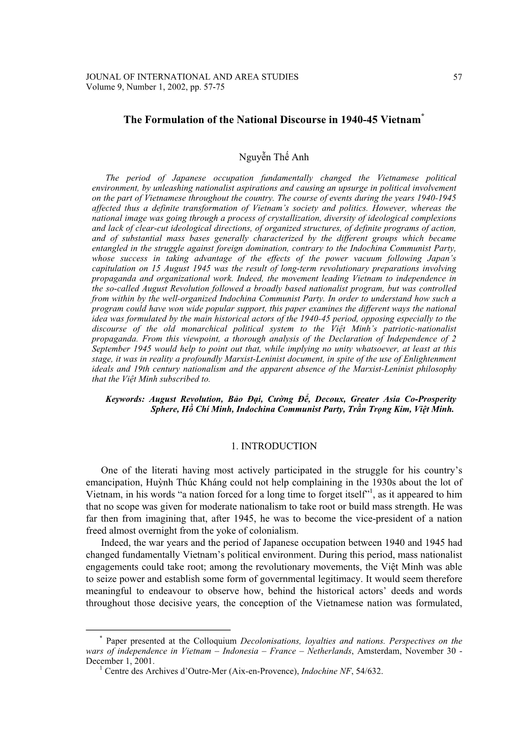 Formulation of the National Discourse in 1940-45 Vietnam*