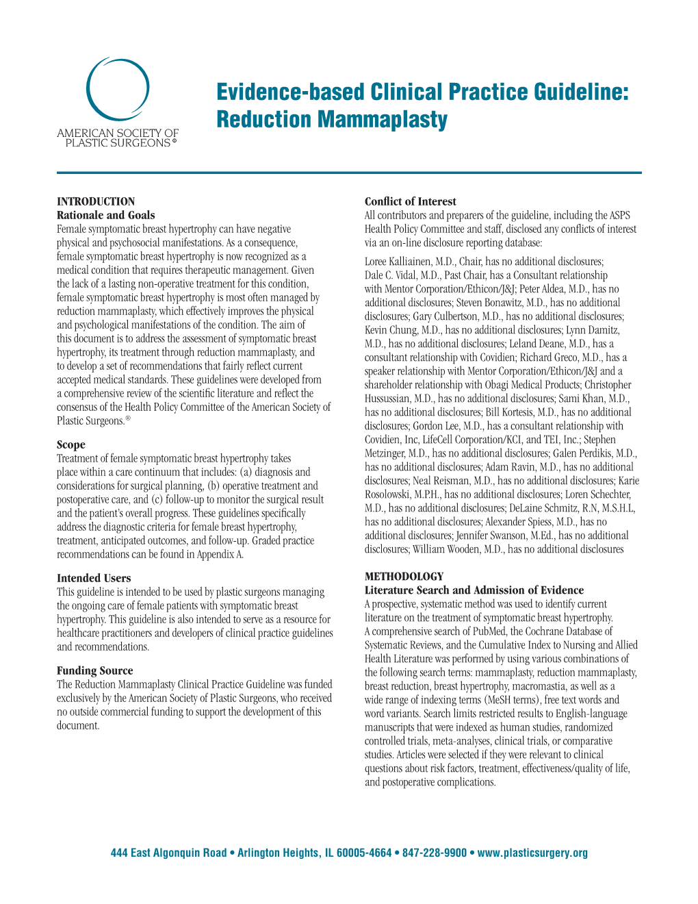 Evidence-Based Clinical Practice Guideline: Reduction Mammaplasty