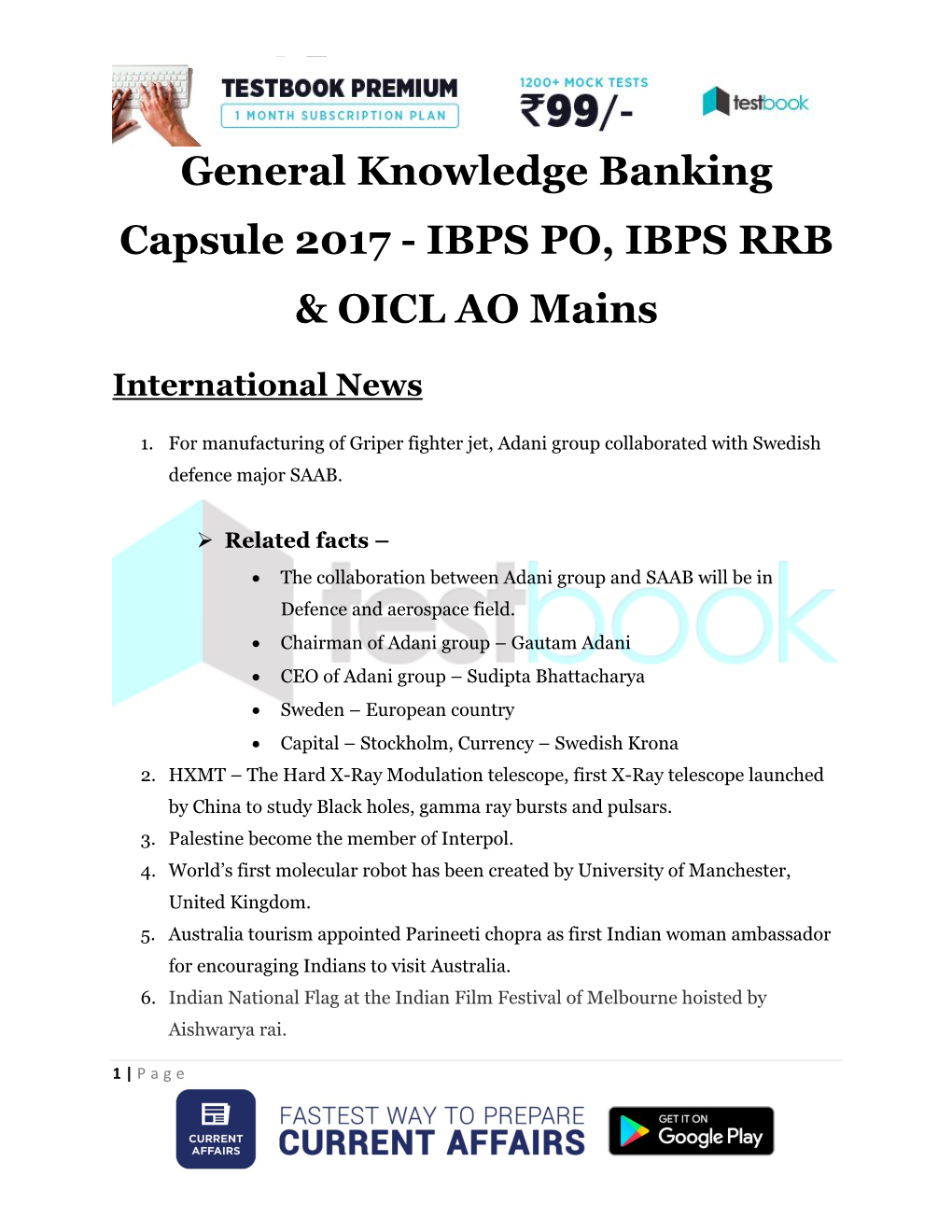 General Knowledge Banking Capsule 2017 - IBPS PO, IBPS RRB & OICL AO Mains