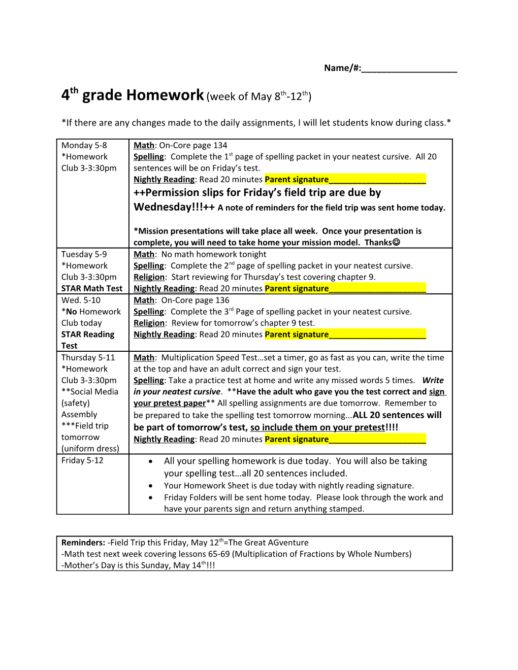 4Th Grade Homework (Week of May 8Th-12Th)