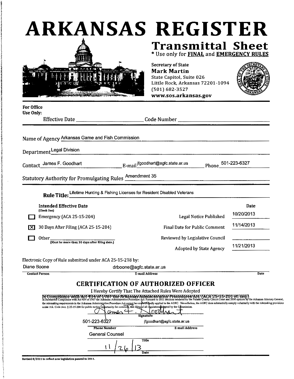 ARKANSAS REGISTER Transmittal Sheet *Use Only for FINAL and EMERGENCY RULES