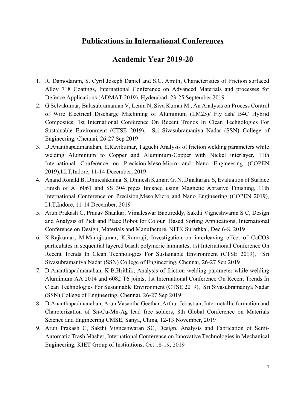 Publications in International Conferences Academic Year 2019-20
