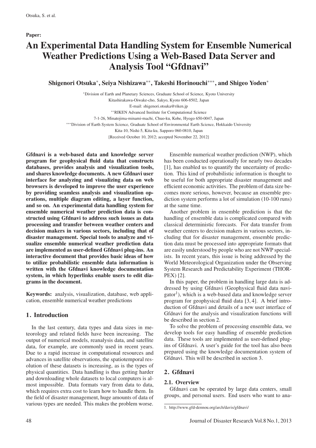 An Experimental Data Handling System for Ensemble Numerical Weather Predictions Using a Web-Based Data Server and Analysis Tool “Gfdnavi”