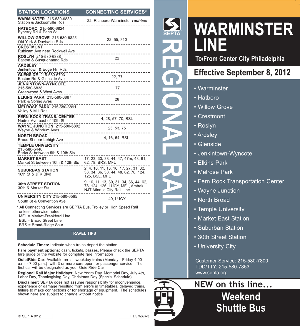 WARMINSTER LINE To/From Center City Philadelphia Effective September 8, 2012
