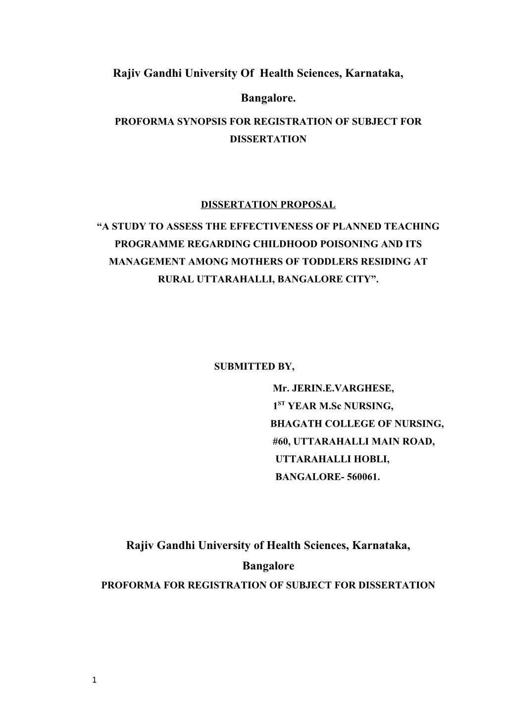 Proforma Synopsis for Registration of Subject for Dissertation