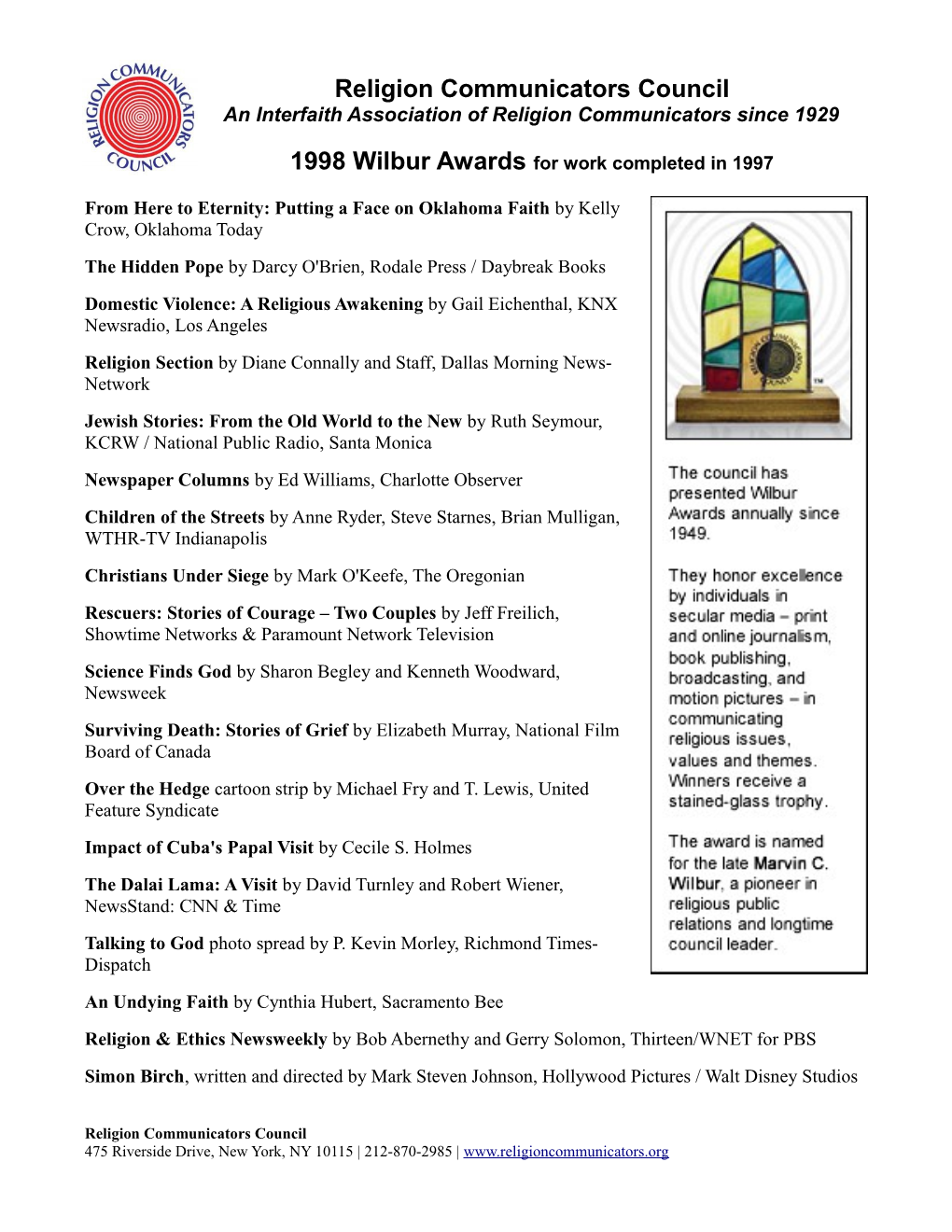 1998 Wilbur Award Winners