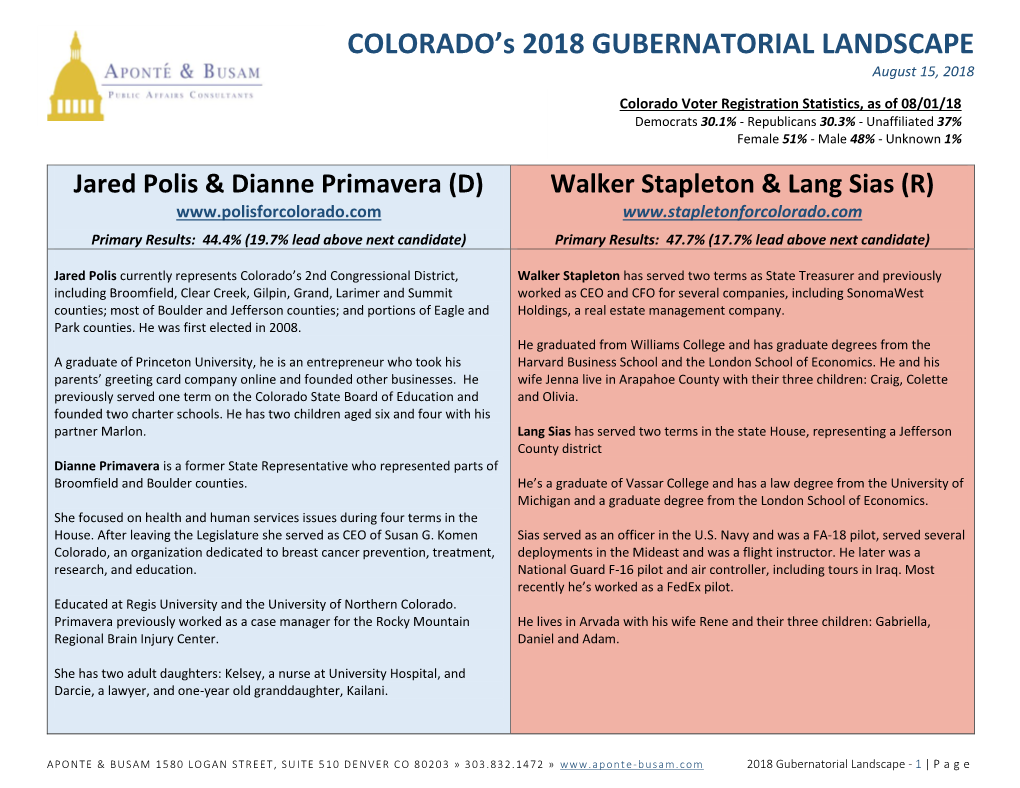 COLORADO's 2018 GUBERNATORIAL LANDSCAPE