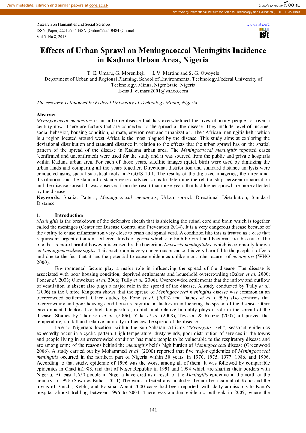 Effects of Urban Sprawl on Meningococcal Meningitis Incidence in Kaduna Urban Area, Nigeria