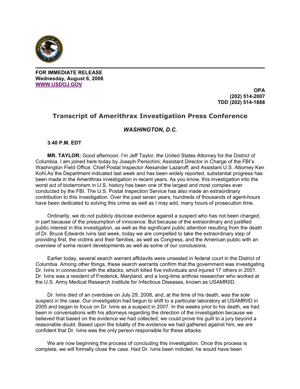 Transcript of Amerithrax Investigation Press Conference