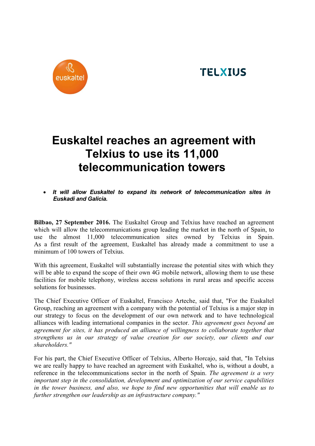 Euskaltel Reaches an Agreement with Telxius to Use Its 11,000 Telecommunication Towers