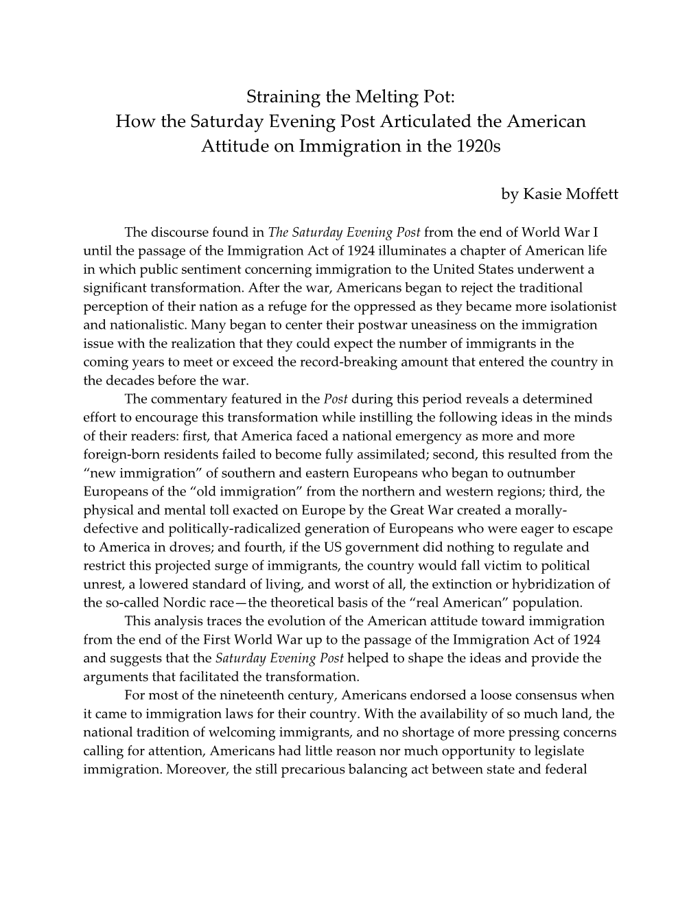 Straining the Melting Pot: How the Saturday Evening Post Articulated the American Attitude on Immigration in the 1920S