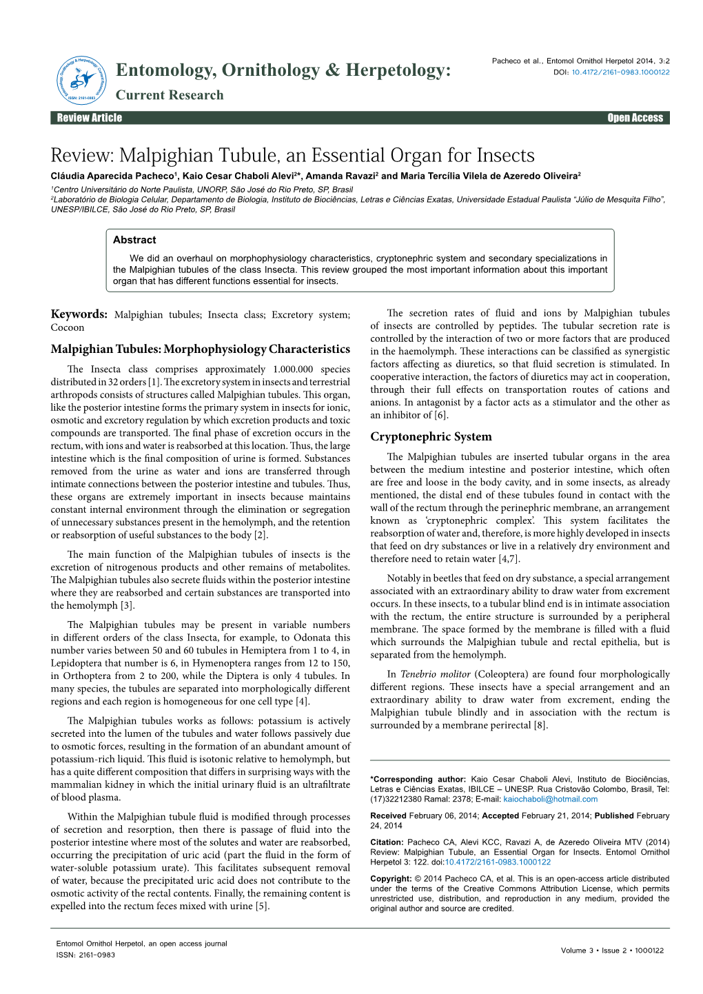 Malpighian Tubule, an Essential Organ for Insects