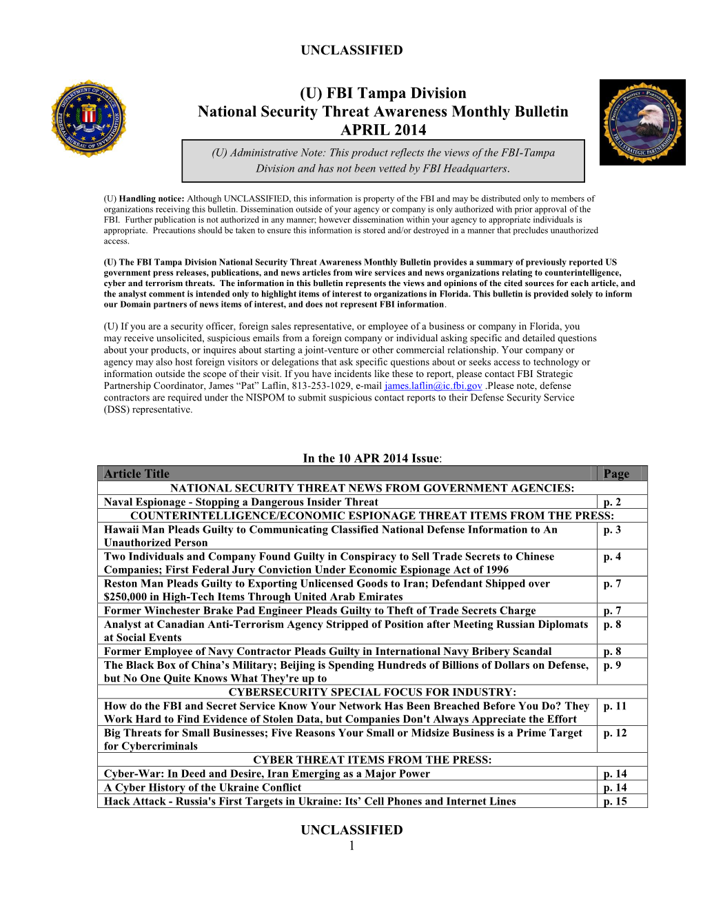 National Security Threat Awareness Monthly Bulletin