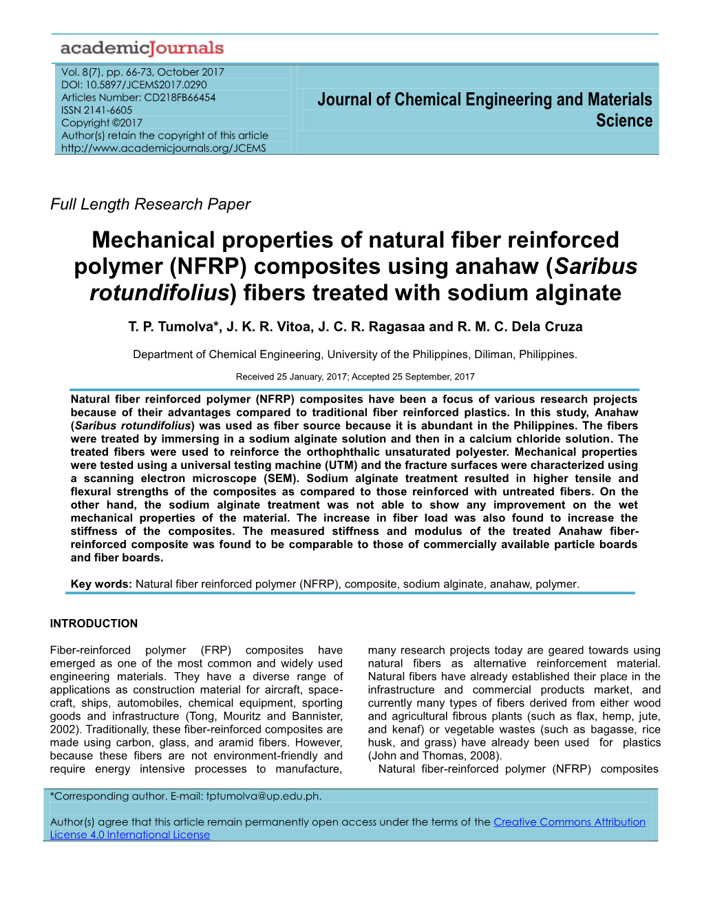 Mechanical Properties of Natural Fiber Reinforced Polymer (NFRP) Composites Using Anahaw (Saribus Rotundifolius) Fibers Treated with Sodium Alginate