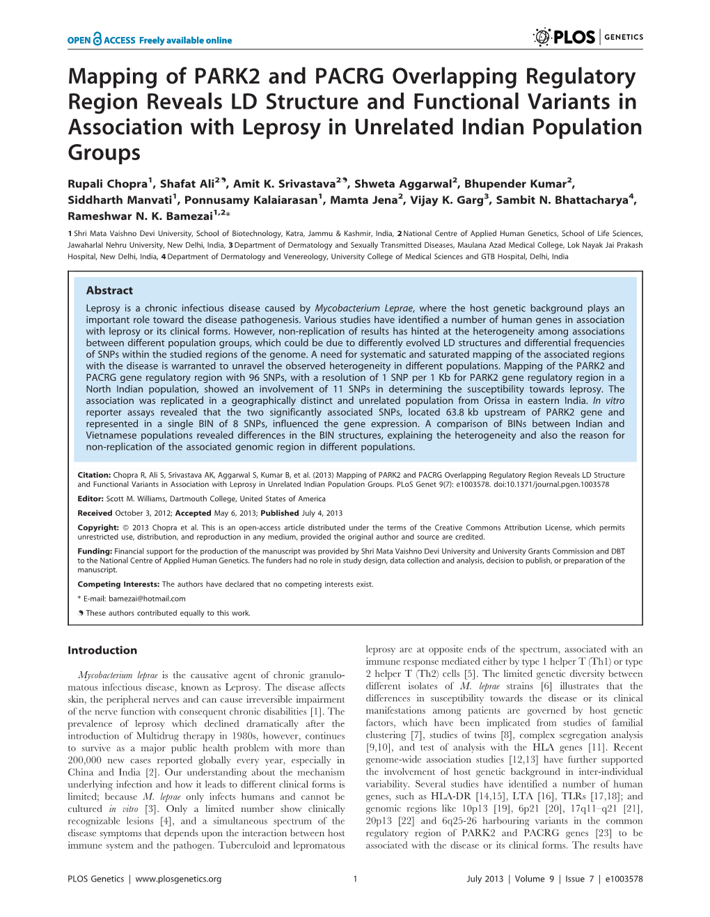 Mapping of PARK2 and PACRG Overlapping Regulatory Region