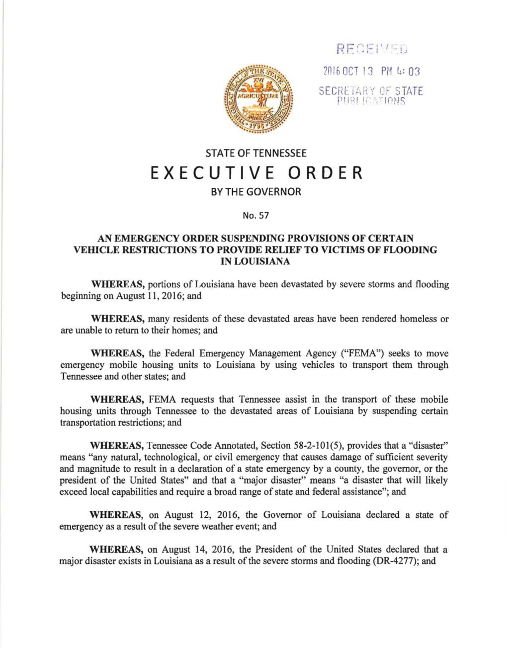 Executive Order by the Governor