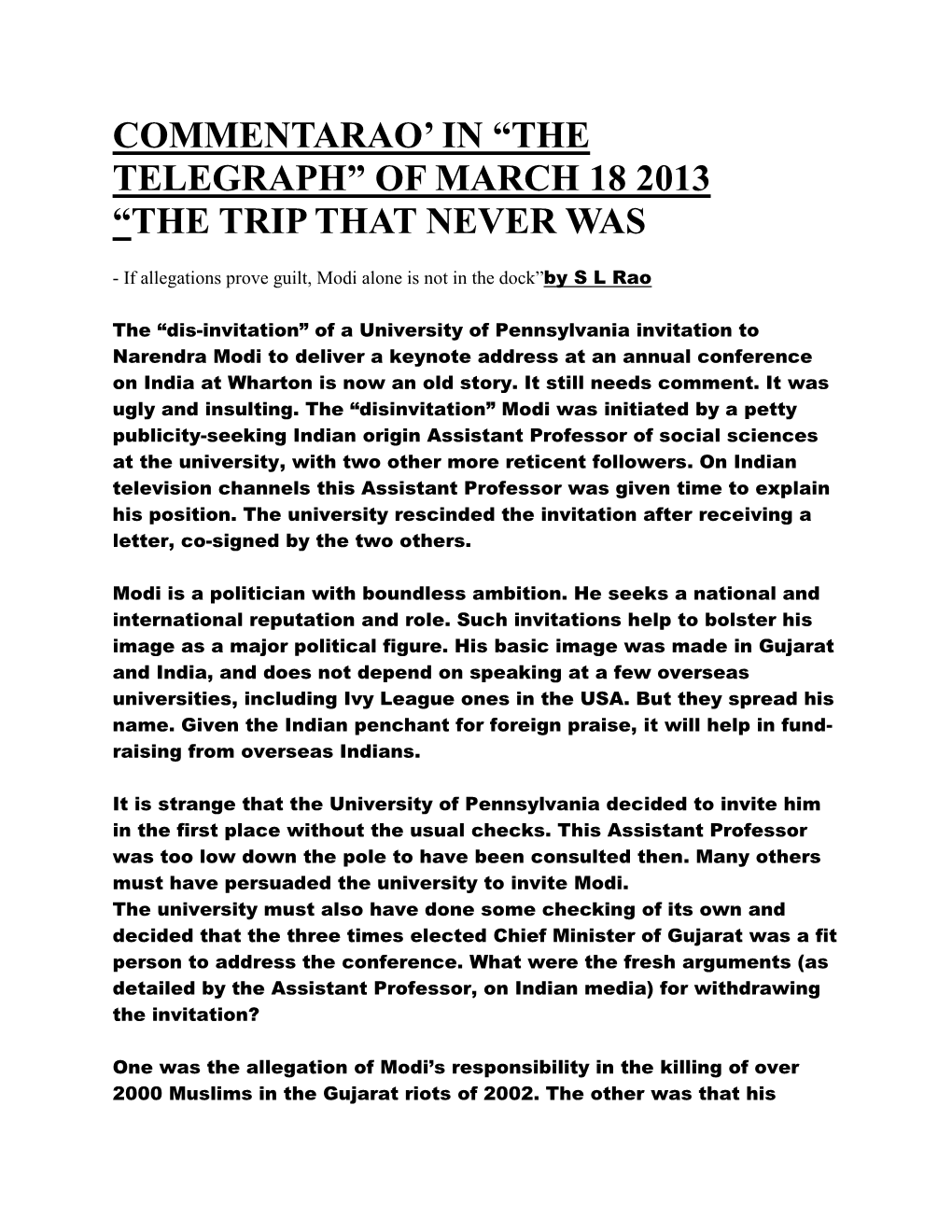 Commentarao' in “The Telegraph” of March 18 2013