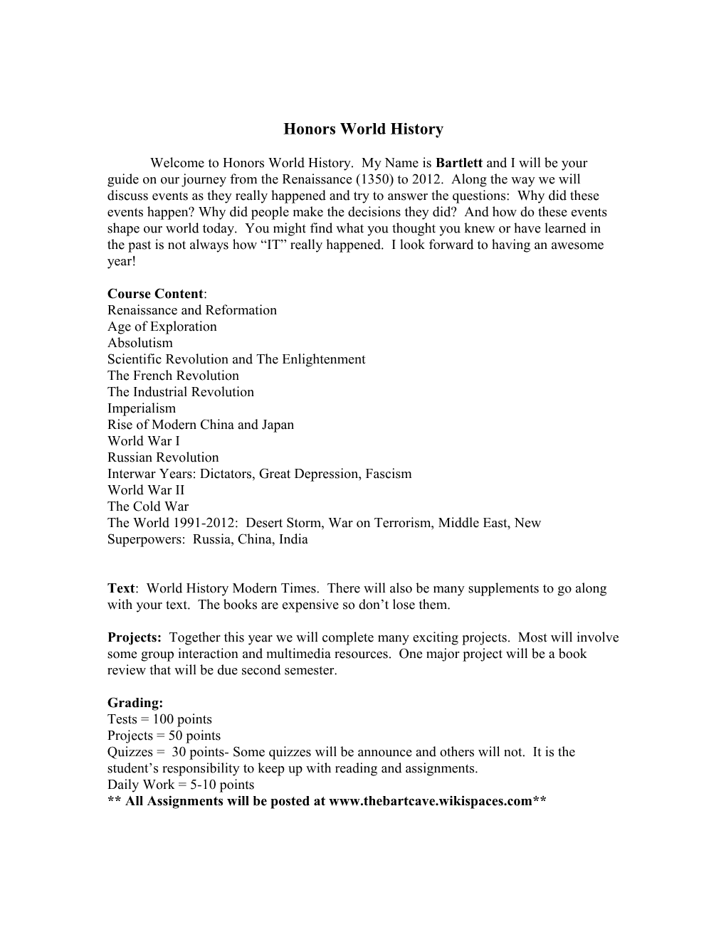 Honors World History s1