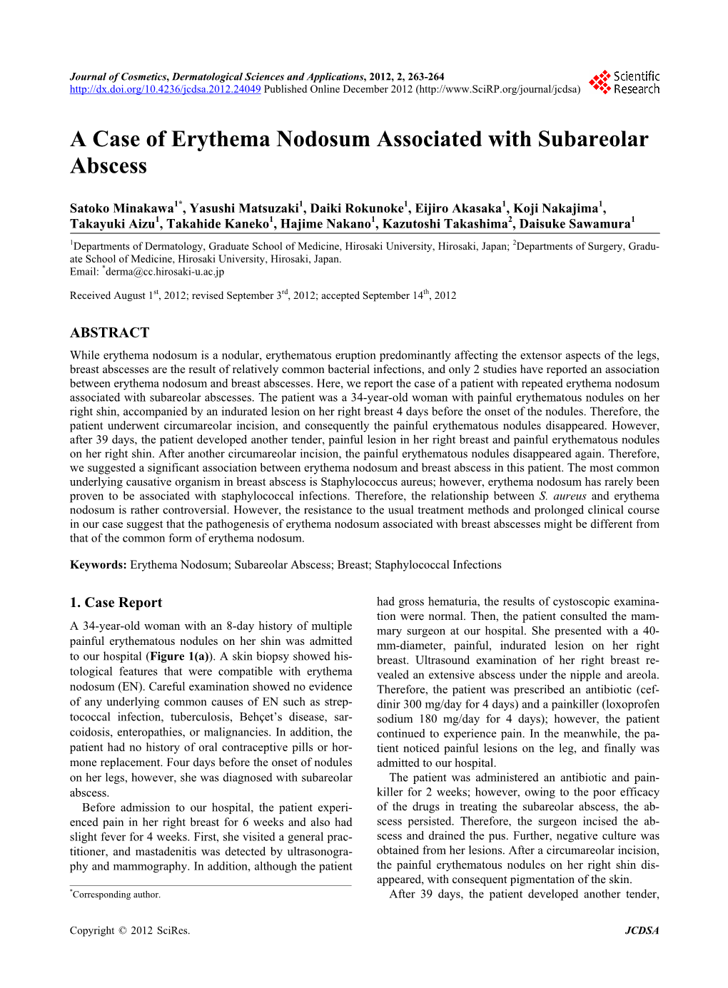 A Case of Erythema Nodosum Associated with Subareolar Abscess