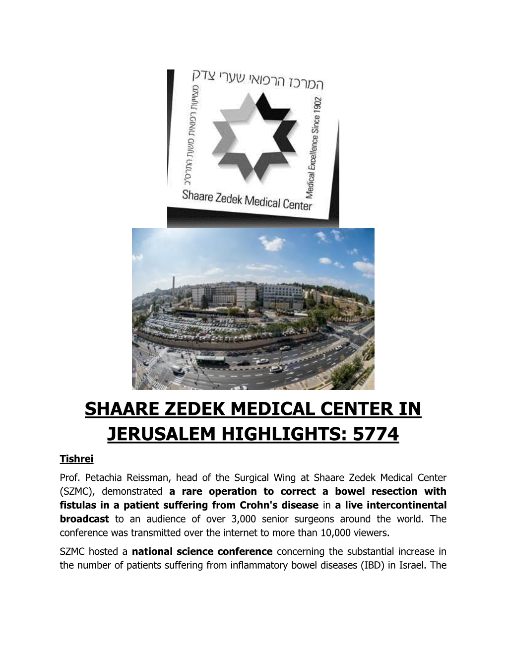 Shaare Zedek Medical Center in Jerusalem Highlights: 5774