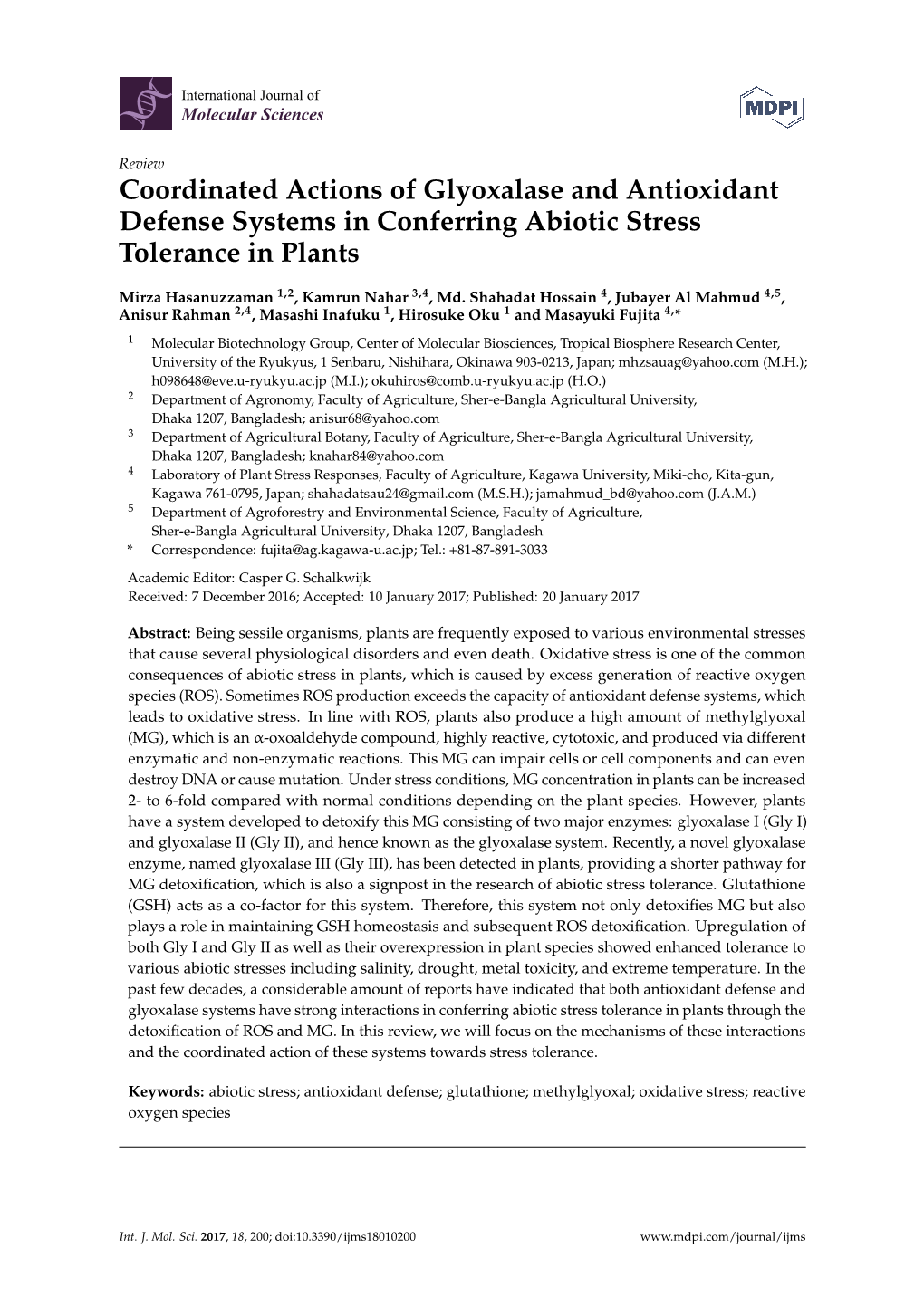 Coordinated Actions of Glyoxalase and Antioxidant Defense Systems in Conferring Abiotic Stress Tolerance in Plants