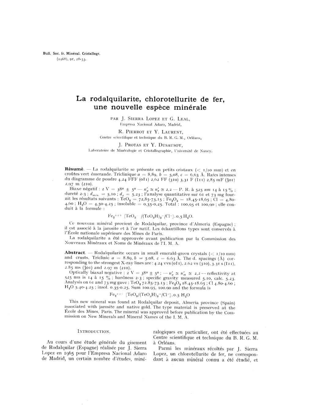 La Rodalquilarite, Chlorotellurite De Fer, Une Nouvelle Espèce Minérale