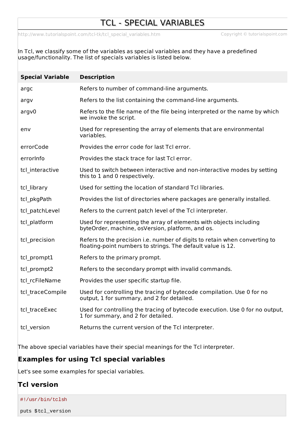 Tcl Special Variables