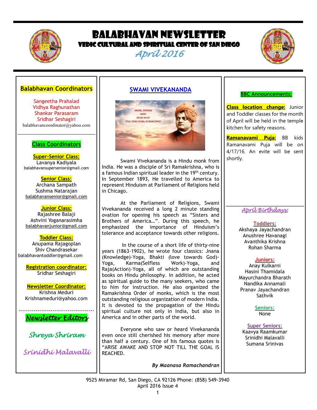 BALABHAVAN NEWSLETTER VEDIC CULTURAL and SPIRITUAL CENTER of SAN DIEGO April 2016