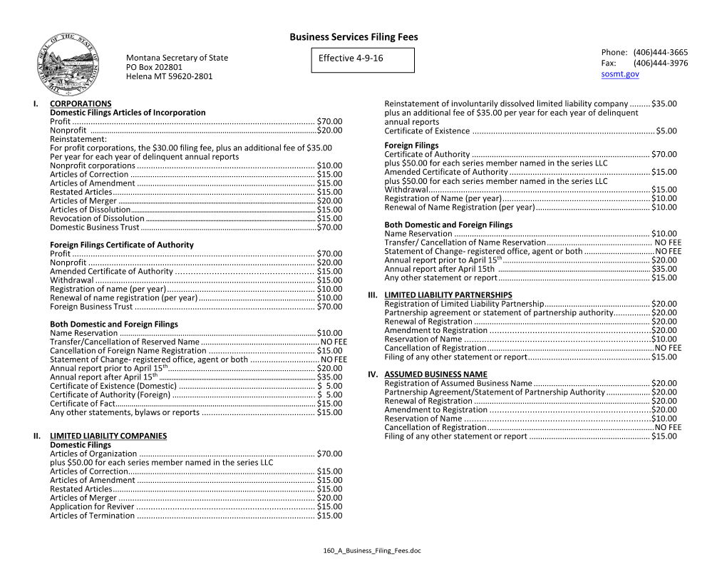 Business Services Filing Fees