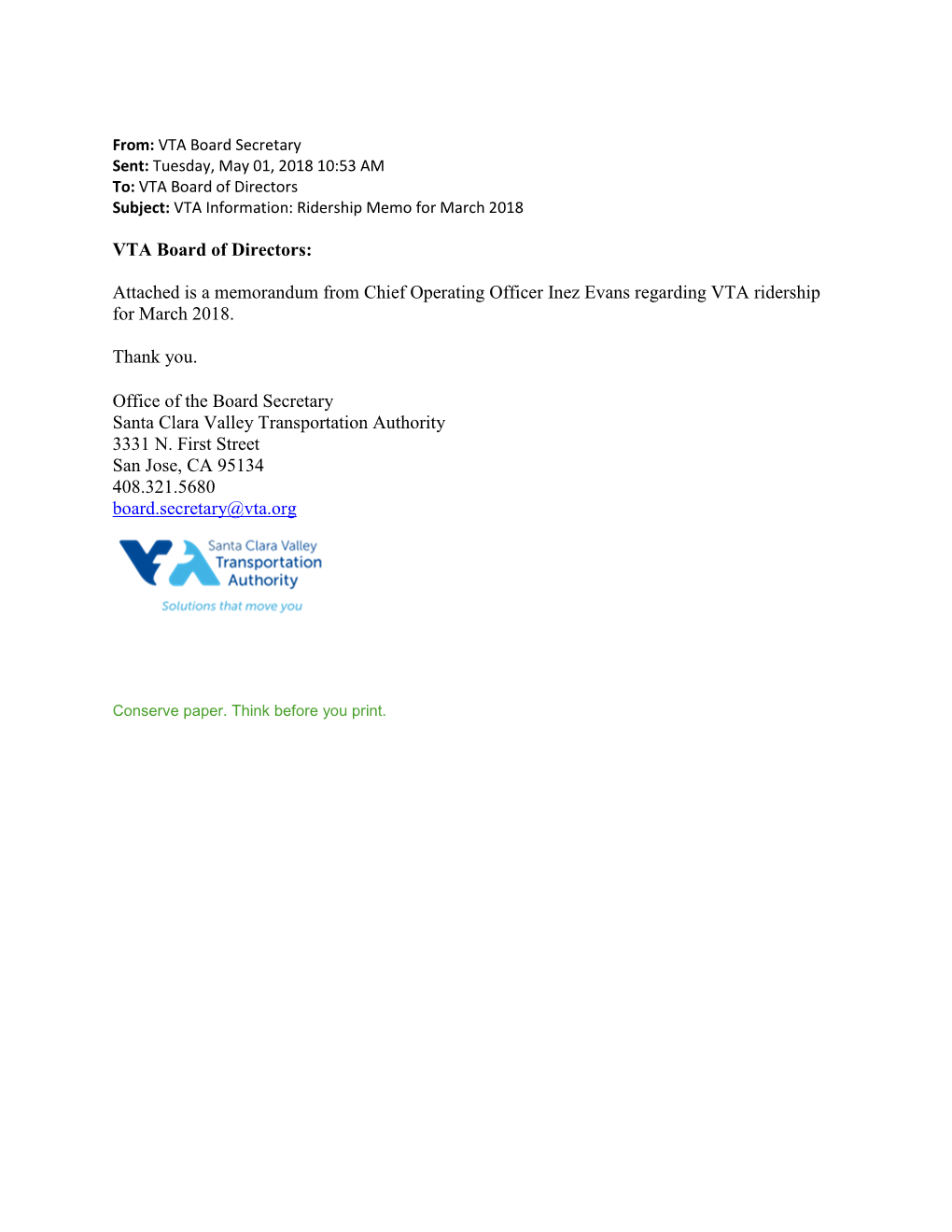 VTA Board of Directors Subject: VTA Information: Ridership Memo for March 2018