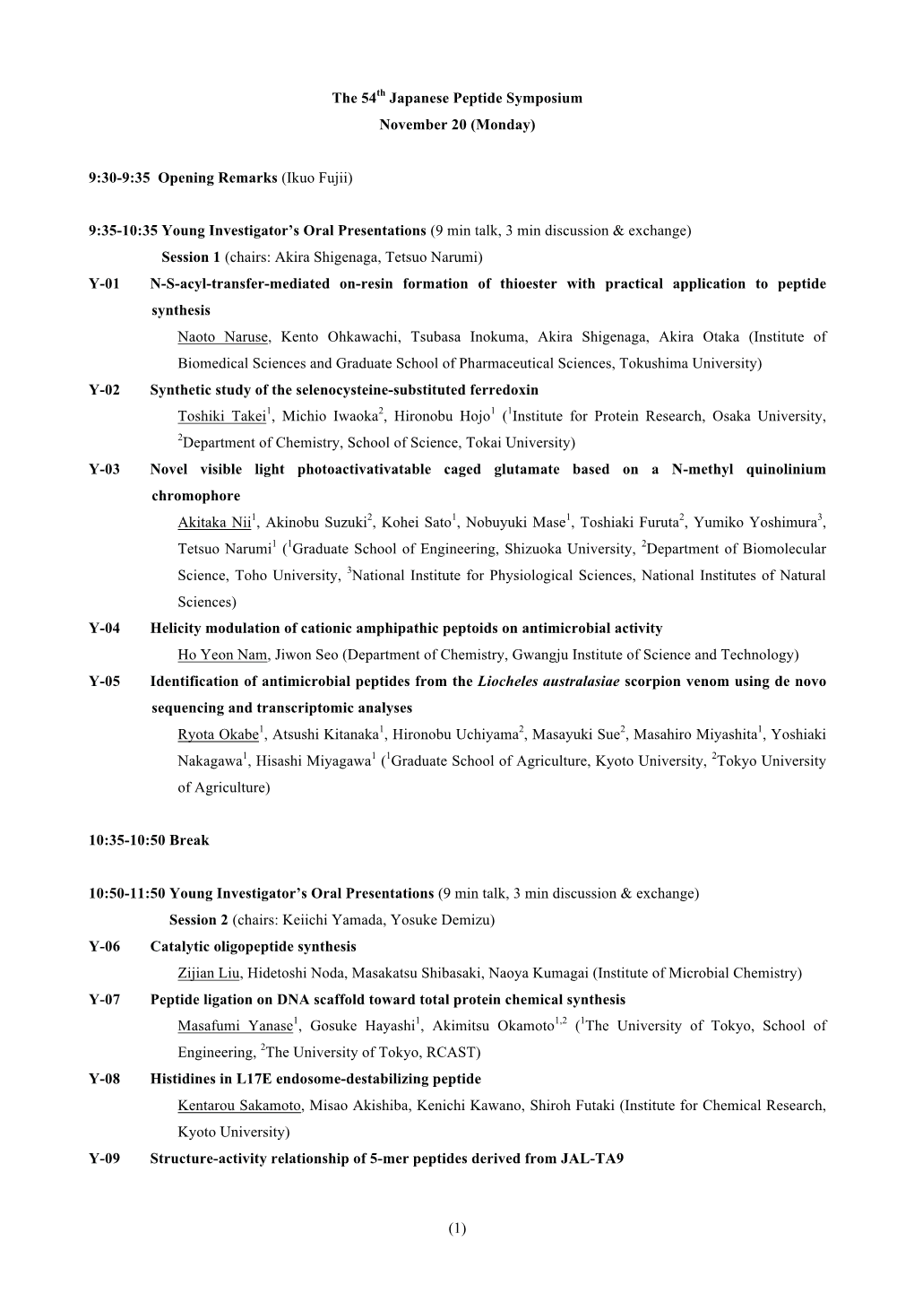 Program of Oral Presentations for the 54Th Japanese Peptide Symposium