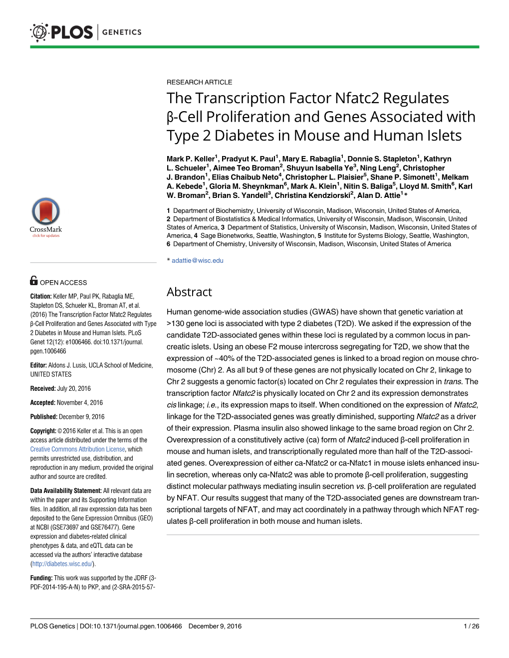 The Transcription Factor Nfatc2 Regulates Β-Cell Proliferation and Genes Associated with Type 2 Diabetes in Mouse and Human Islets