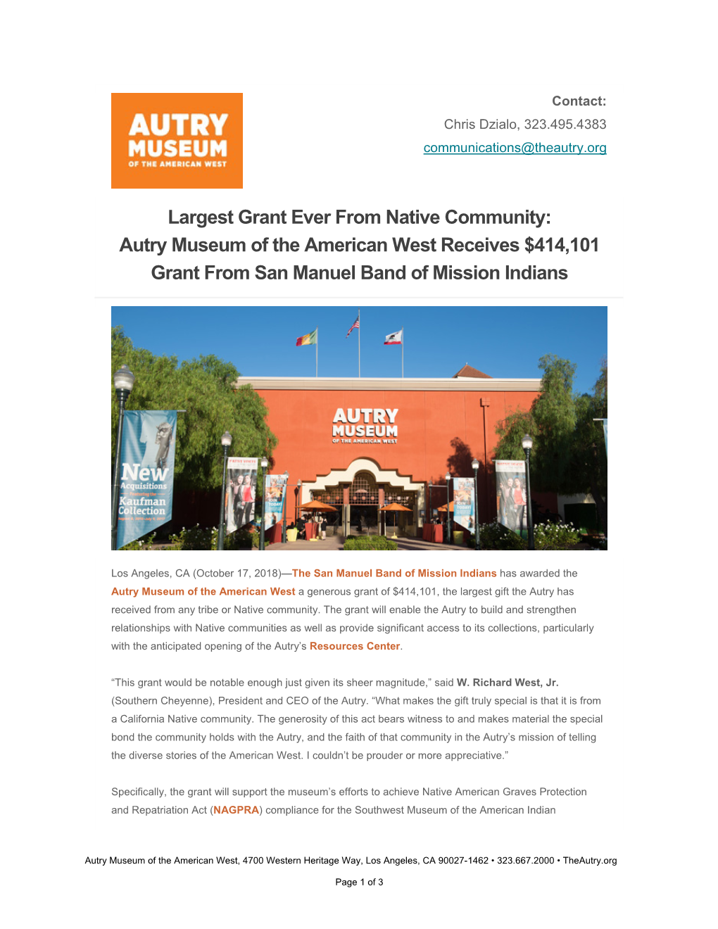 Autry Museum of the American West Receives $414101 Grant from San