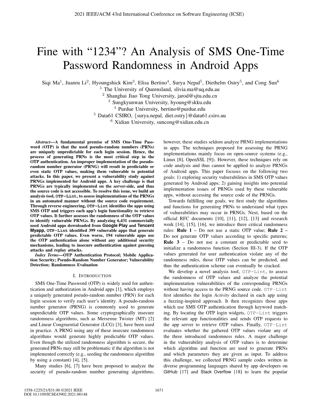 Fine with “1234”? an Analysis of SMS One-Time Password Randomness in Android Apps