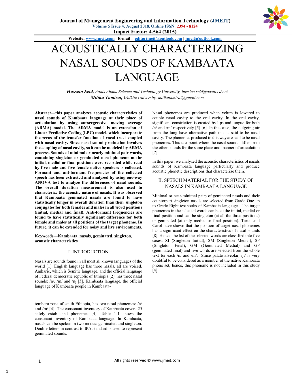 Acoustically Characterizing Nasal Sounds of Kambaata Language