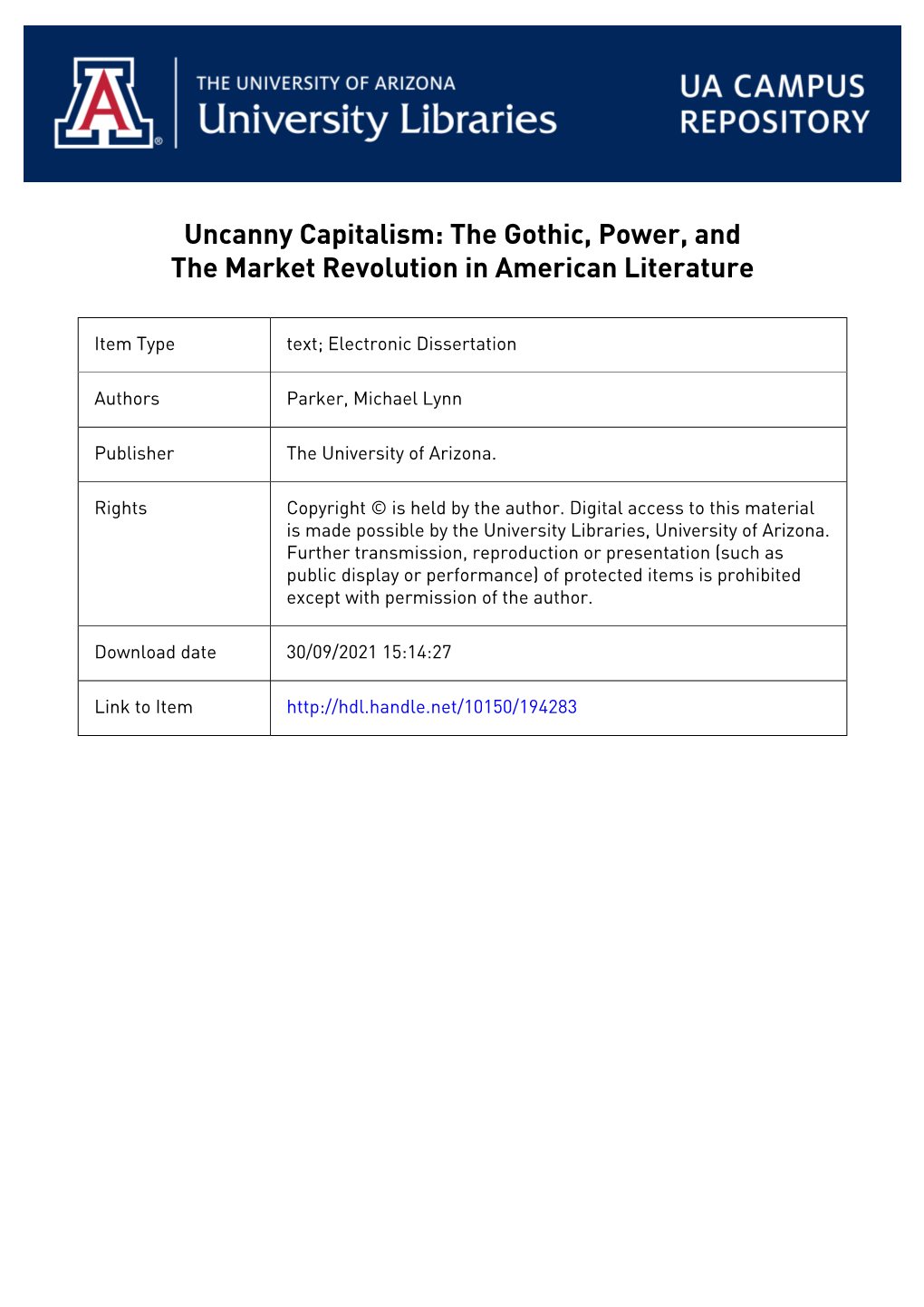 Uncanny Capitalism: the Gothic, Power, and the Market Revolution in American Literature