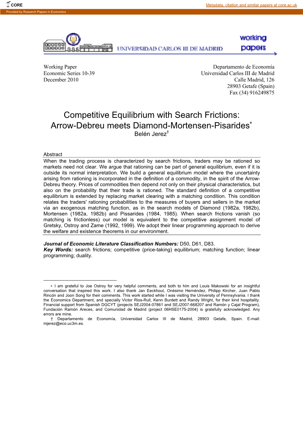 Competitive Equilibrium with Search Frictions: Arrow-Debreu Meets