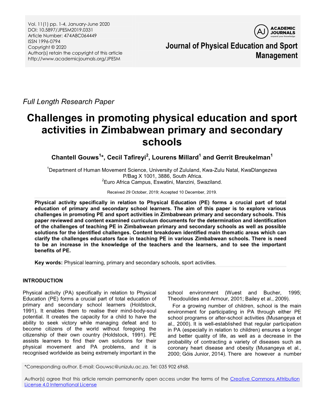 Challenges in Promoting Physical Education and Sport Activities in Zimbabwean Primary and Secondary Schools
