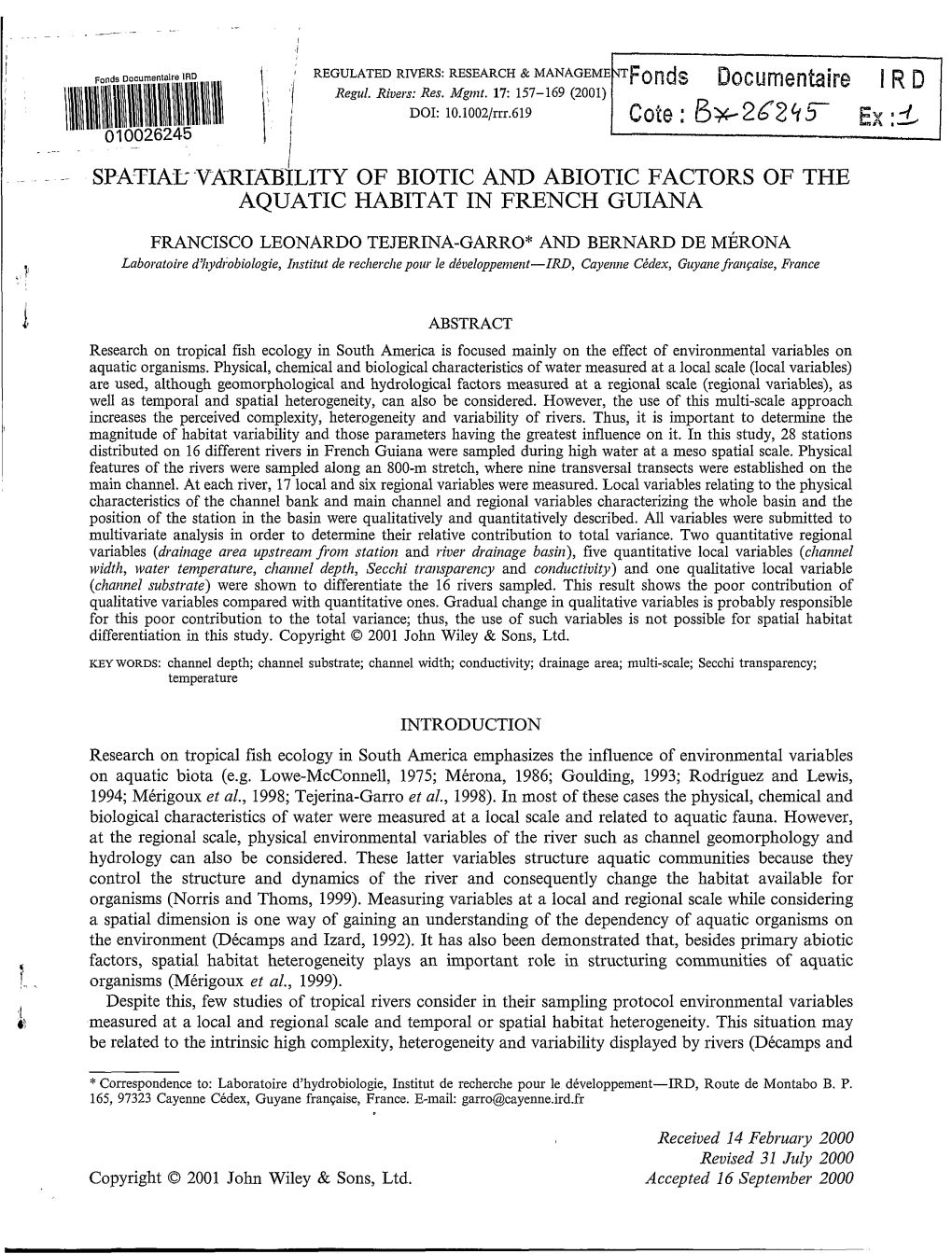 Spatial Variability of Biotic and Abiotic Factors of the Aquatic Habitat in French Guiana