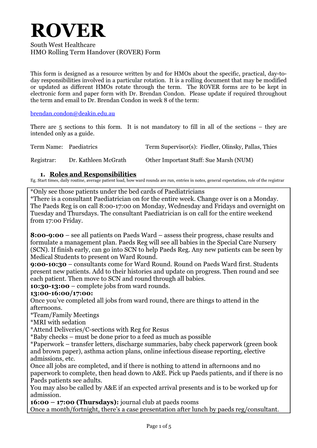 JMO Rolling Term Handover (ROVER) Form