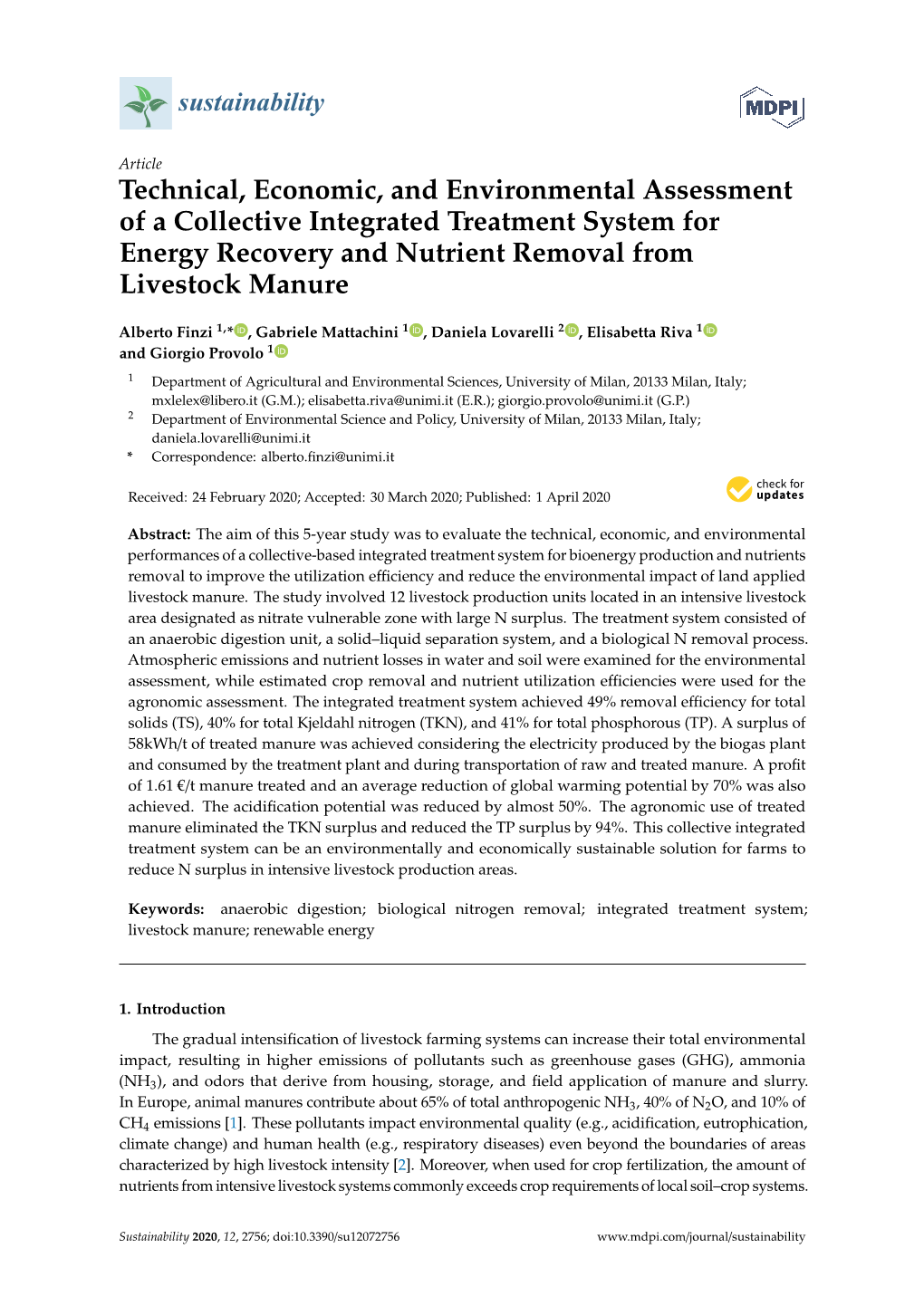 Technical, Economic, and Environmental Assessment of a Collective Integrated Treatment System for Energy Recovery and Nutrient Removal from Livestock Manure