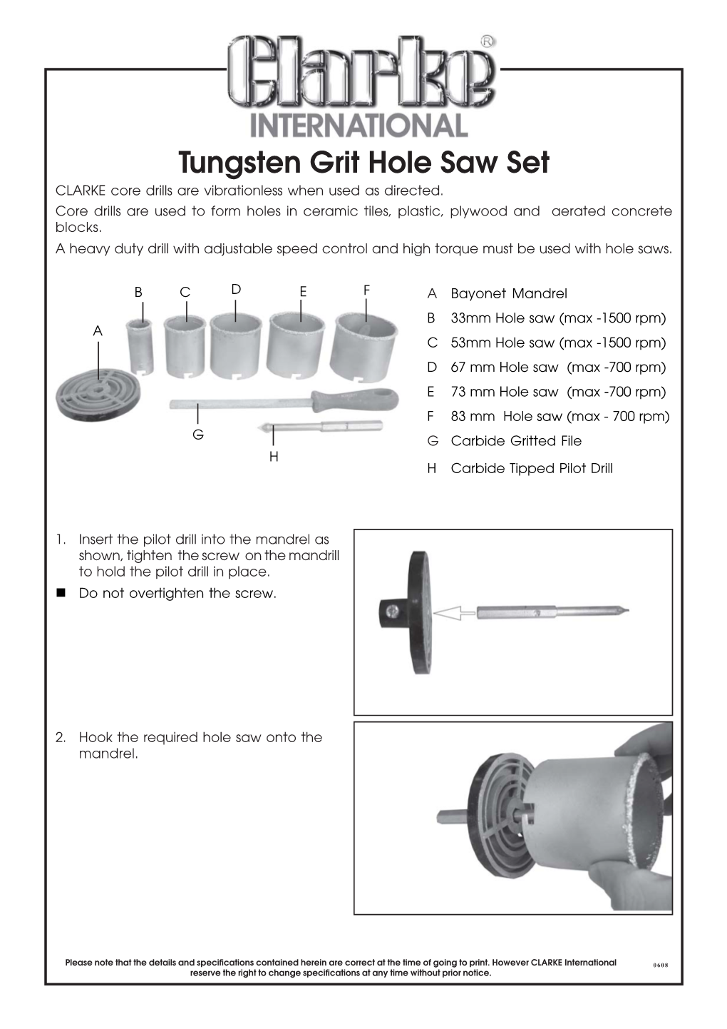 Tungsten Grit Hole Saw Set CLARKE Core Drills Are Vibrationless When Used As Directed