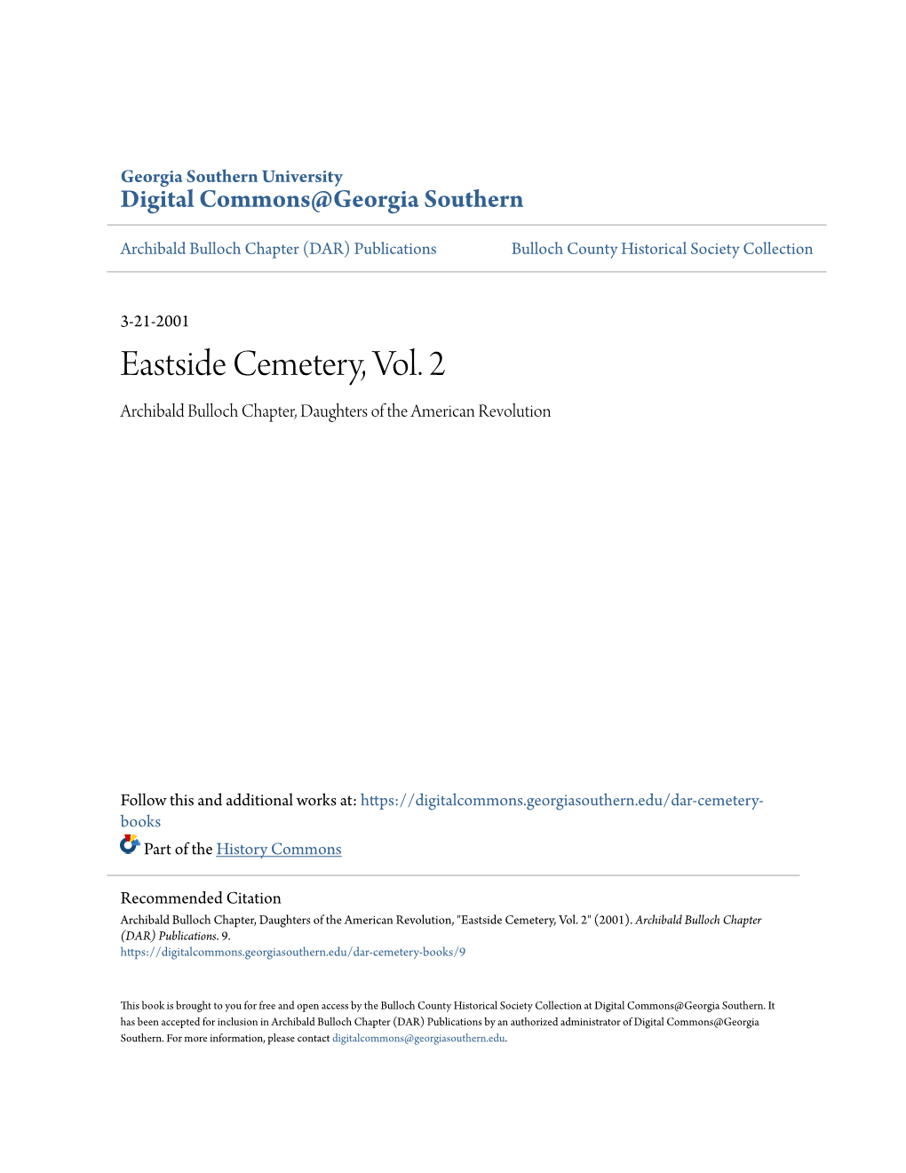 Eastside Cemetery, Vol. 2 Archibald Bulloch Chapter, Daughters of the American Revolution