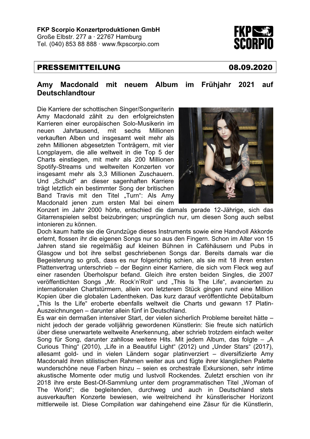 PRESSEMITTEILUNG 08.09.2020 Amy Macdonald Mit Neuem Album