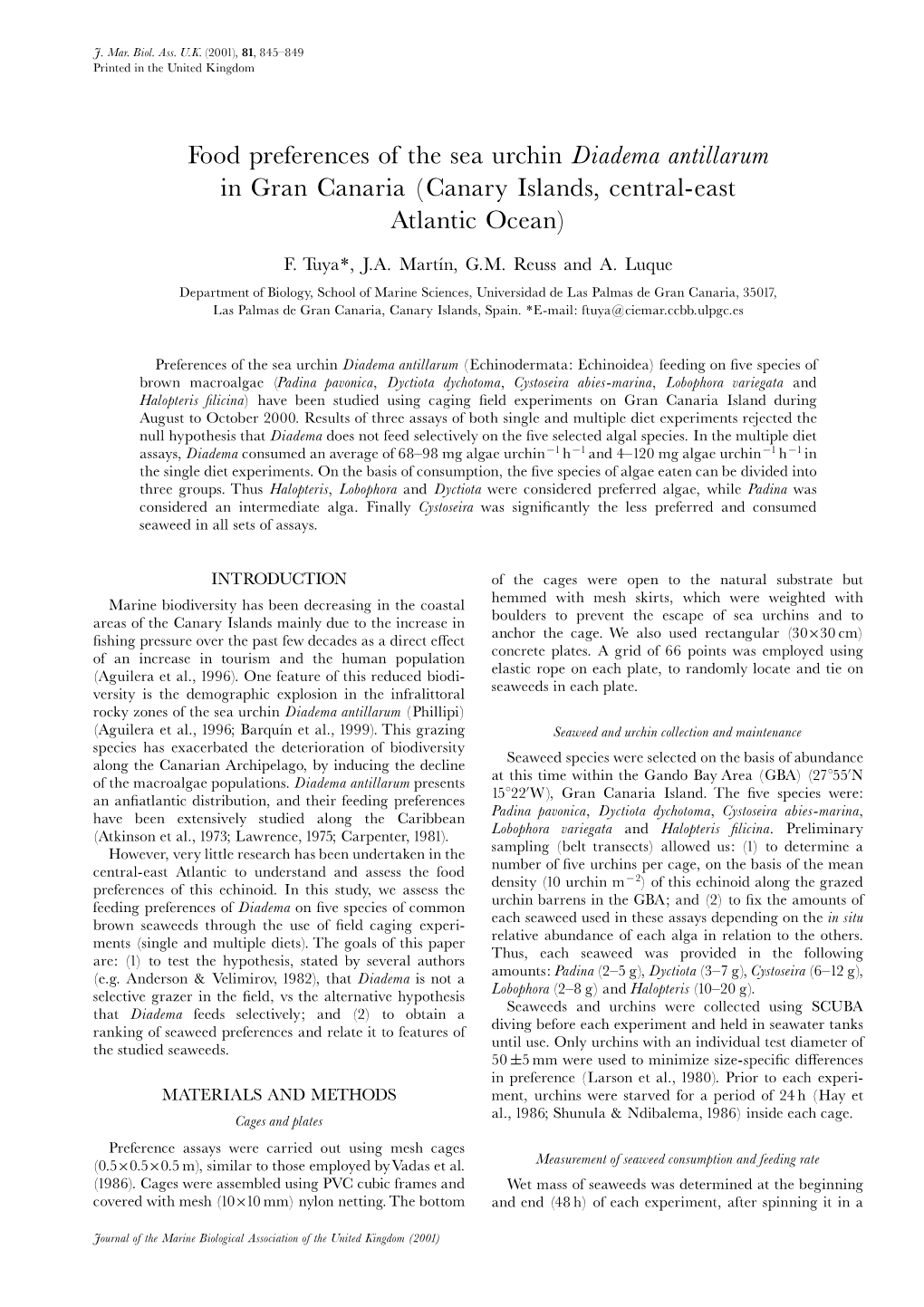 Food Preferences of the Sea Urchin Diadema Antillarum in Gran Canaria Canary Islands, Central-East Atlantic Ocean)