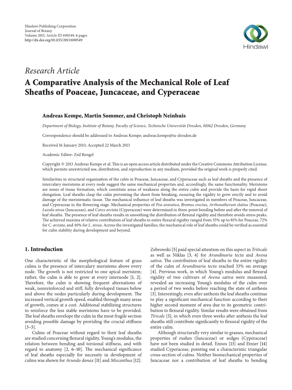 A Comparative Analysis of the Mechanical Role of Leaf Sheaths of Poaceae, Juncaceae, and Cyperaceae