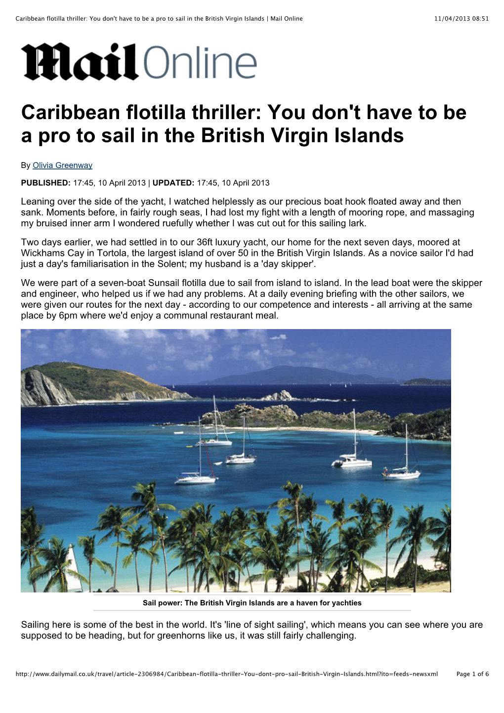 Caribbean Flotilla Thriller: You Don't Have to Be a Pro to Sail in the British Virgin Islands | Mail Online 11/04/2013 08:51