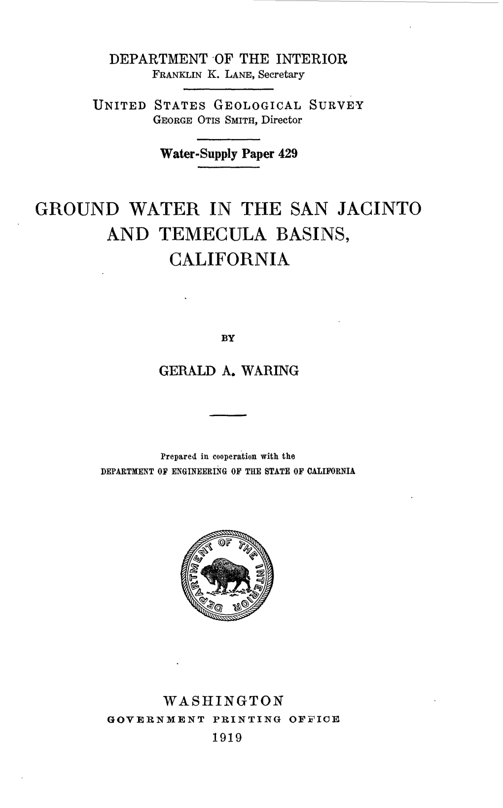 Ground Water in the San Jaginto and Temegula Basins, California