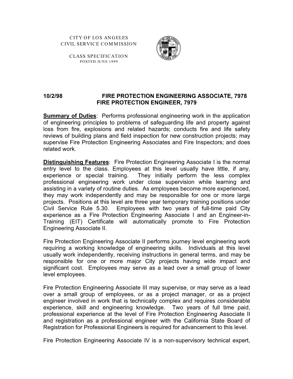 10/2/98 Fire Protection Engineering Associate, 7978 Fire Protection Engineer, 7979